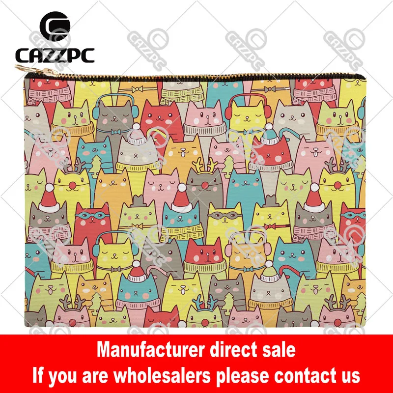 Cartoon Seamless Colorful Cats Black White Butterfly Canvas Pattern Print Cosmetic Bag Makeup Pouch Wristlet Hand | Багаж и сумки