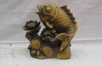

Chinese Folk Feng Shui Copper Bronze Lotus Root Flower Fish Carp Statue