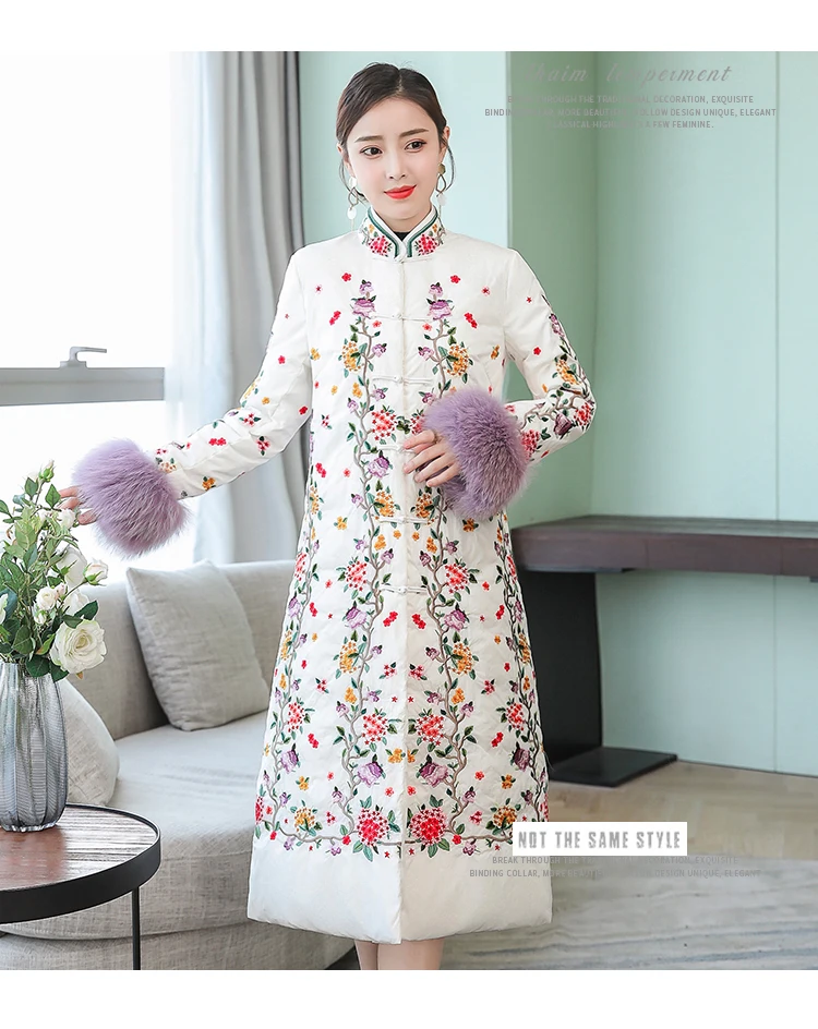 Haute Des Hiver Qualité Mince Coton Manteaux Vers 1943 Femmes Brodé Rétro Veste pink Grande Lady Taille Chaud Manteau White Long Bas Le 8Bx4q8rw