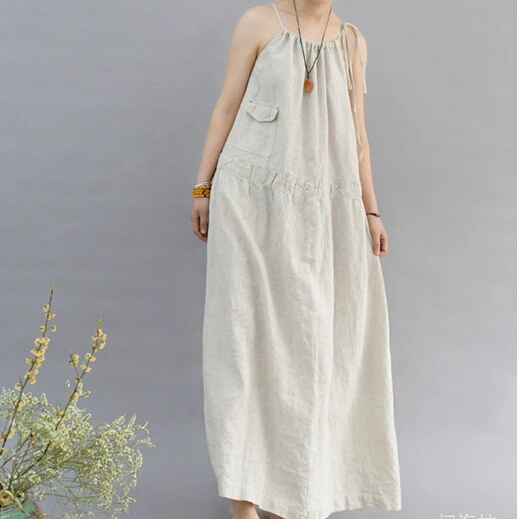 

2019 Summer Style New Art Women Casual Dress Loose Cotton Linen Spaghetti Strap Dress N377