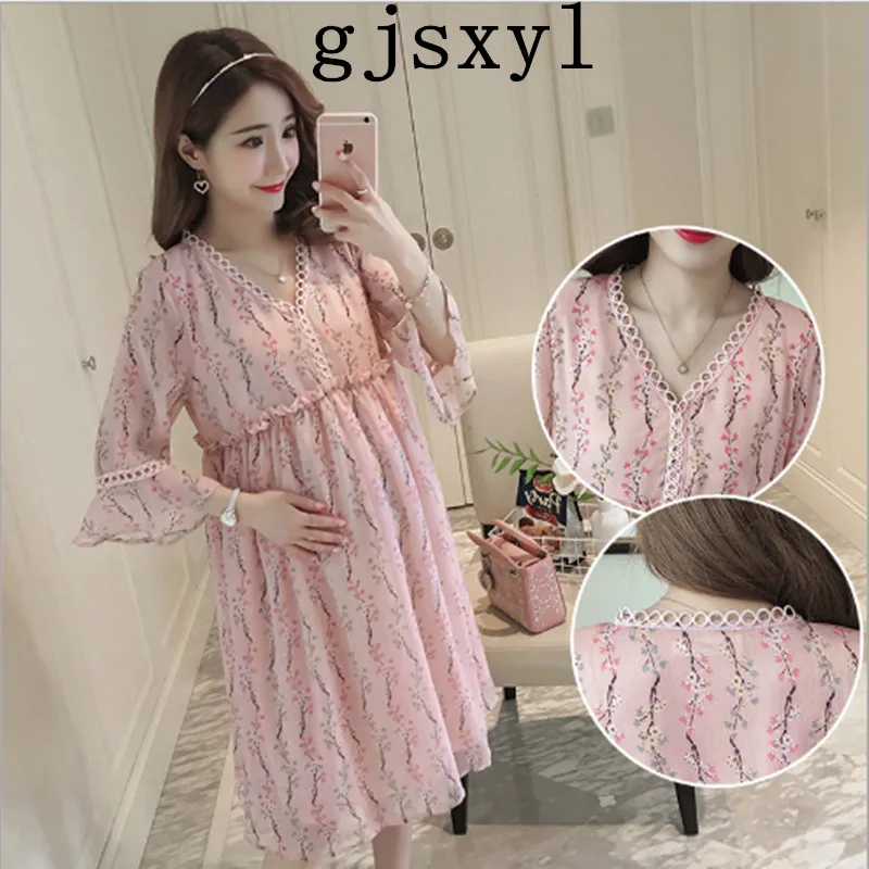 

gjsxyl 2018 summer new short-sleeved maternity dress Korean fashion floral chiffon long pregnant women dress