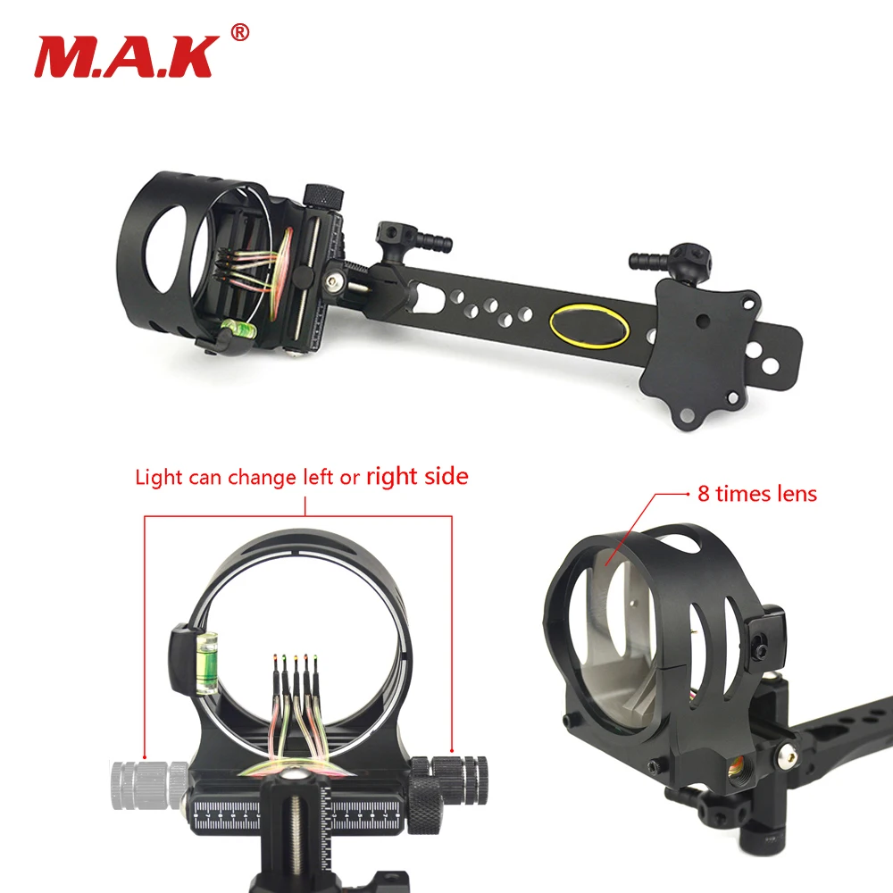 

5 Pins Compound Bow Sight 8 Times Lens Adjust Optical Fiber Left Right Hand with Light for Outdoor Hunting Shooting