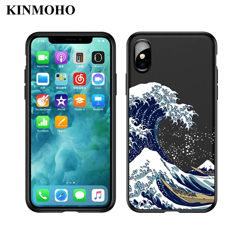 

KINMOHO The Great Wave off Kanagawa Phone Cases Cover For iPhone X XS Max XR 7 6 6S 8 Plus 5 5s SE Coque Funda Black Soft TPU