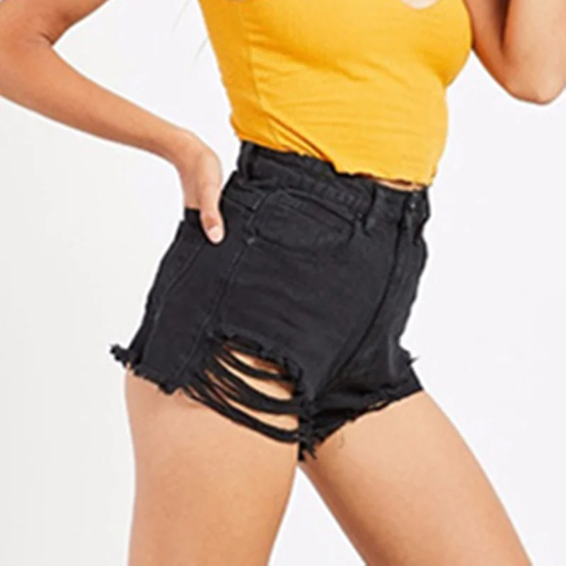 LOGAMI High Waist Black Ripped Shorts Women Sexy Jeans Short Irregular