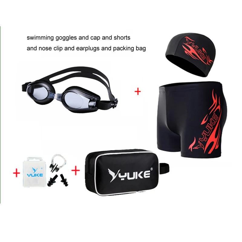 Новинка, SSW-01M, мужские плавательные шорты+ одна шапочка для плавания+ очки для плавания/комплект, купальный костюм, водонепроницаемые и противотуманные очки - Цвет: Красный