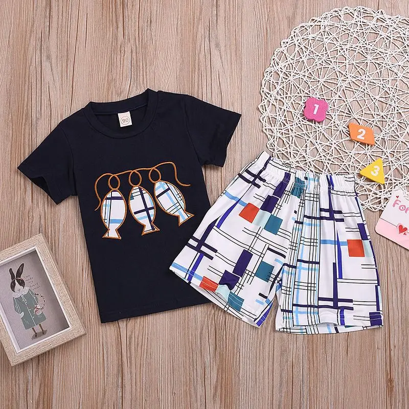 Summer Short Sleeve Embroidery Cartoon Print T-shirt Tops+Shorts Suits Costume Set Kids Boy Girl Casual Sets | Детская одежда и