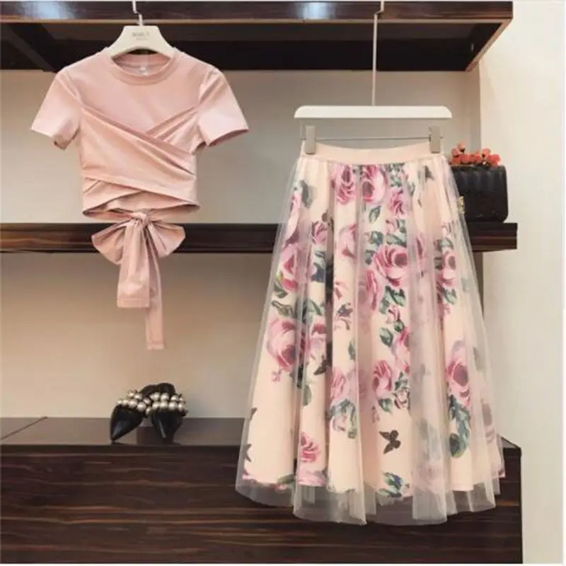

Women Irregular T Shirt+Mesh Skirts Suits Bowknot Solid Tops Vintage Floral Skirt Sets for Elegant Woman Two Piece Set