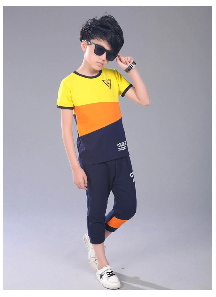 Active Teen Boys Clothing Sets Summer Cotton Child Tracksuit 2 Pcs Casual Letter Patchwork Tshirt Pants Kids Clothes Sports Suit (3)