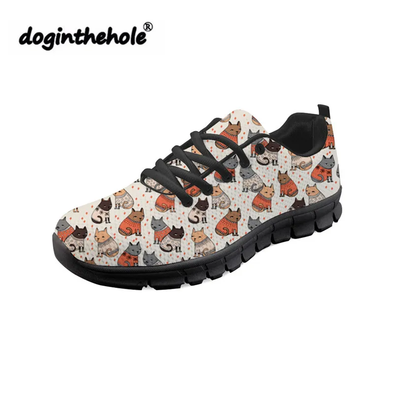 

doginthehole Brand Designer Women Shoes Lovely Cat 3D Printing Flat Shoes for Teenagers Round Toe Sneakers Feminine Mesh Flats