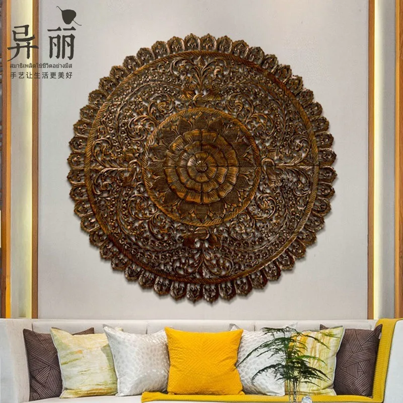 

Thai hand-made wood carving wall hanging circular carving board background wall decoration hollow wood carving board wall decora