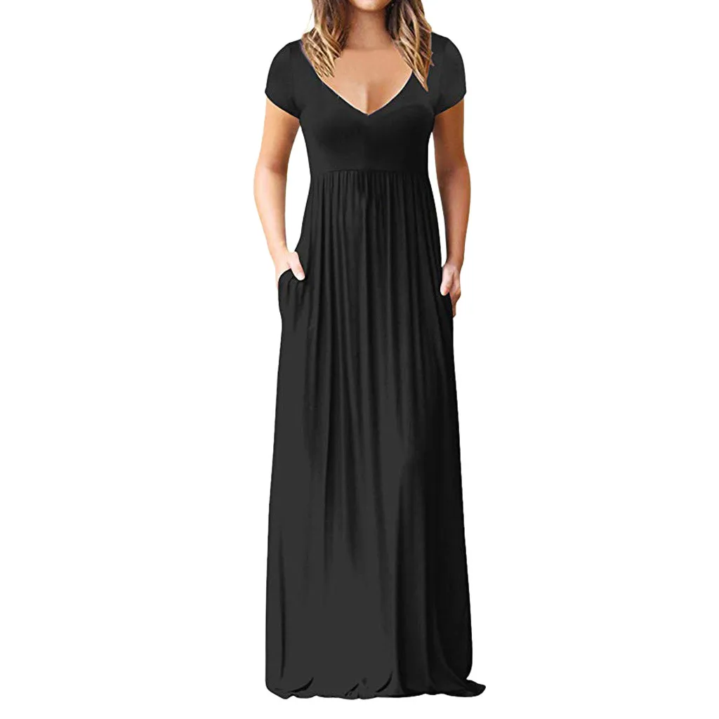 black long dress women casual dress solid v Neck Short Sleeve drape Dresses summer elegant maxi