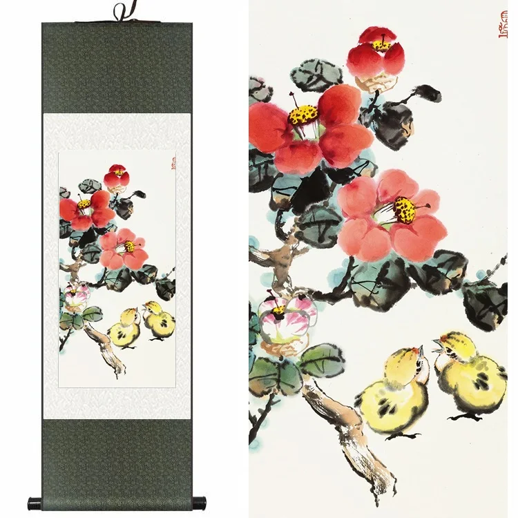 

Traditional Chinese Silk watercolor flower birds ink camellia chickens art canvas wall feng shui picture framed scroll painting