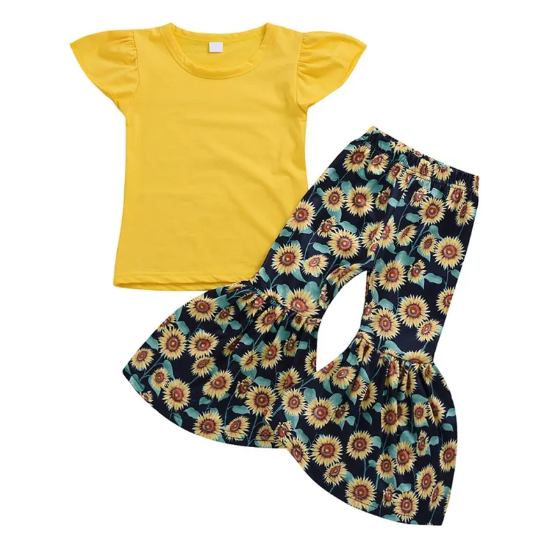 

Summer Girls Fashion Set Outfits Short Sleeve Solid Tops+Long Floral Print Pants Suits Girls Casual Clothing Sets