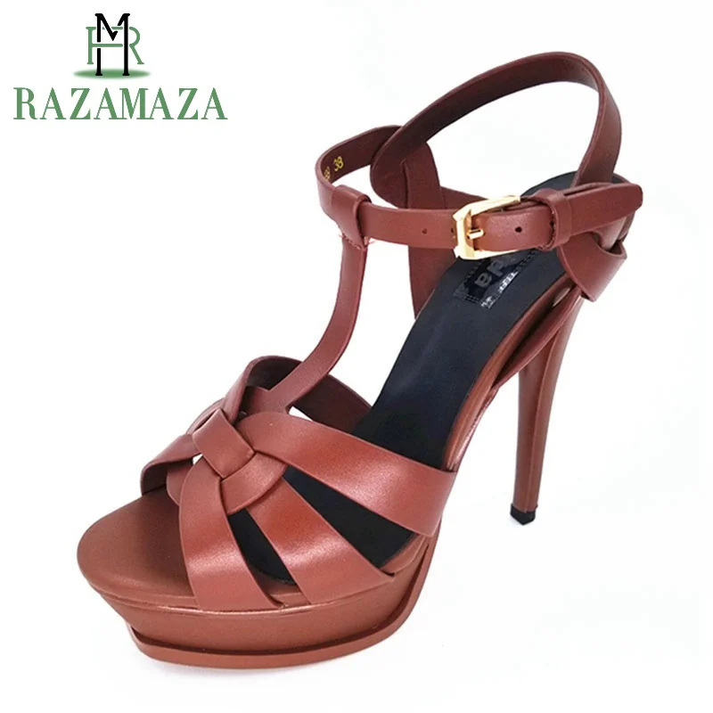 

RAZAMAZA Summer New Real Leather Sandals Women Super Heel 14 cm Platform Shoes Fashion Party Club Women Footwear Size 34-41