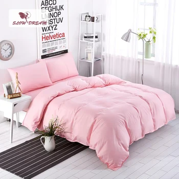 

SlowDream Light luxury Bedding Set Solid Pink Duvet Cover Set Soft Polyester Flat Sheet Bedclothes Home Textiles Multi Sizes