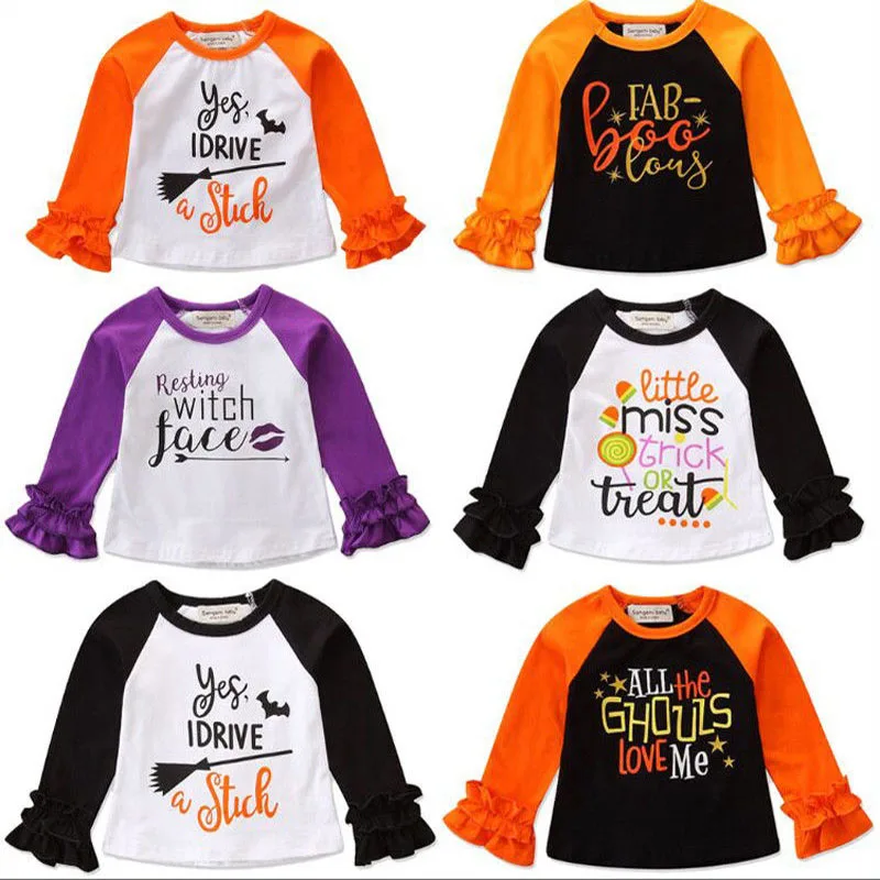 Halloween Toddler Kids Baby Girl Ruffle Sleeve Tops T shirt Letter Print Witch Broom Tee Fall