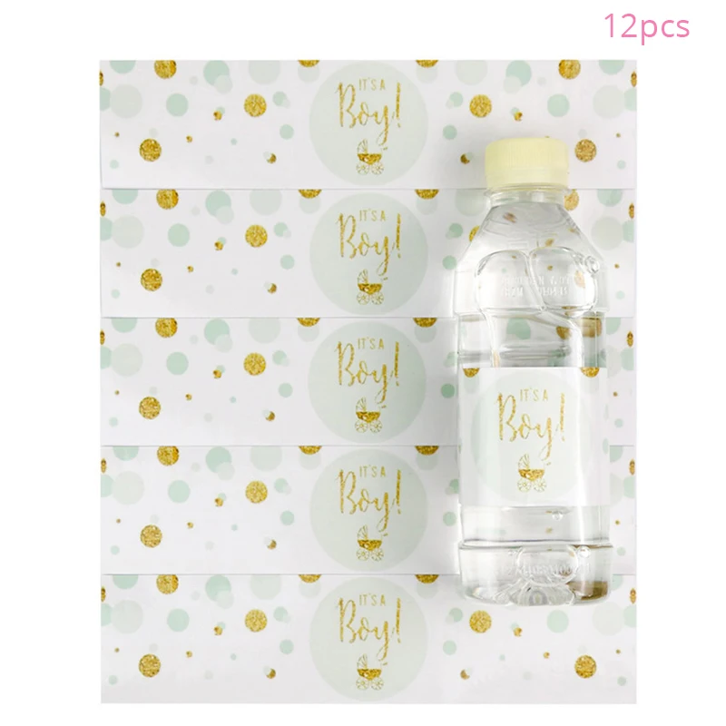 12Pcs Pink Blue Bottle Wraps ITS Girl Boy Theme Birthday Water Bottle Label Waterproof Stickers Baby Shower Party Supplies