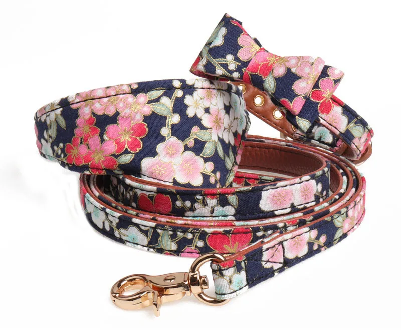 Dog Collar PU Leather Bow Flower Print Dog Leash Adjustable Bandana Pet Collar