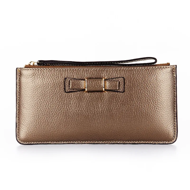

Personality Bow Cow Genuine Leather Thin Section Long Wallet Girl Card Package Lady Small Silvery Wallet Bank Credit Card Holder