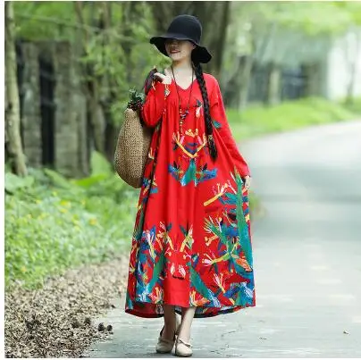 Plus Size Women Vintage Dress Summer Autumn Sundress Cotton Linen Vestidos Lady Long Dresses Print Floral Loose Casual Dress - Цвет: 001