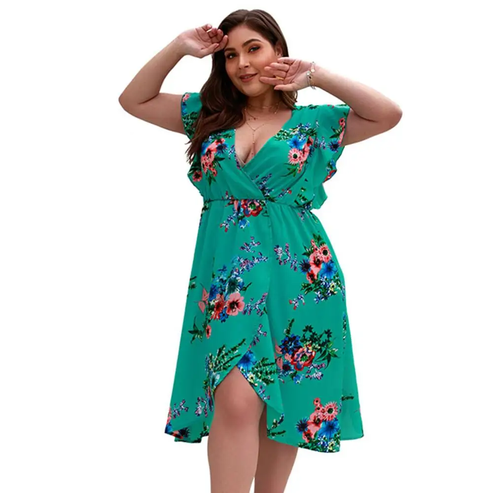 

Women Holiday Summer V-Neck Ruffles Beach Sundress Boho Floral Print Sleeveless Mini Short Split Dress Plus Size New