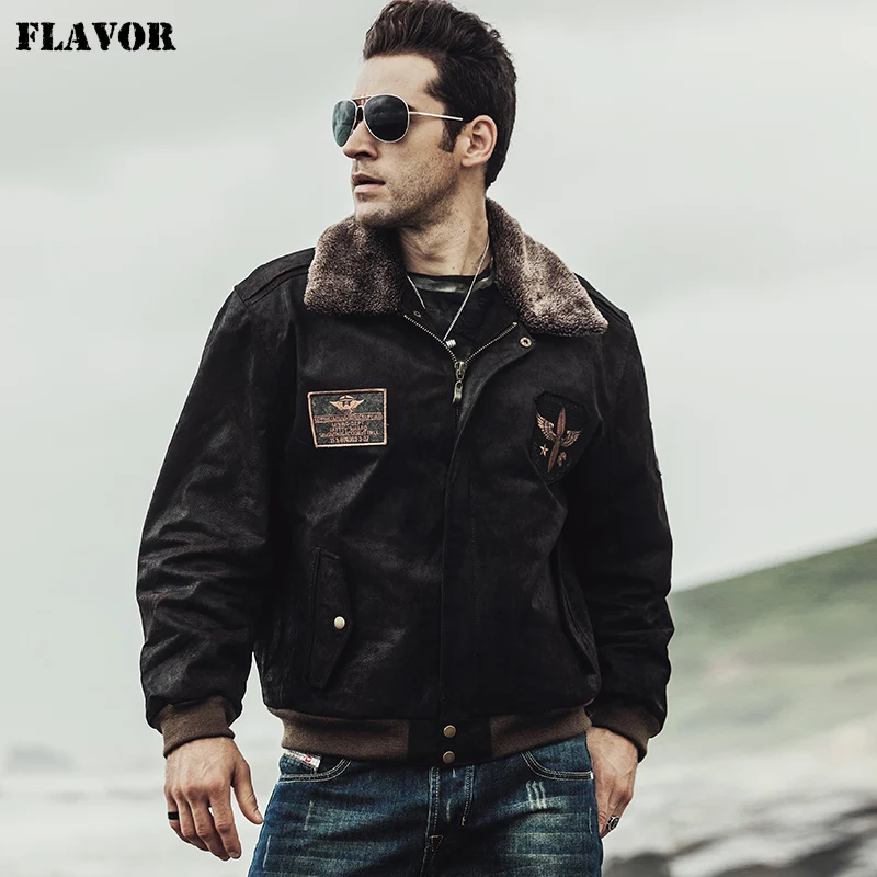 Kожаная куртка мужская пилот FLAVOR темно коричневая теплая лётная из натуральной