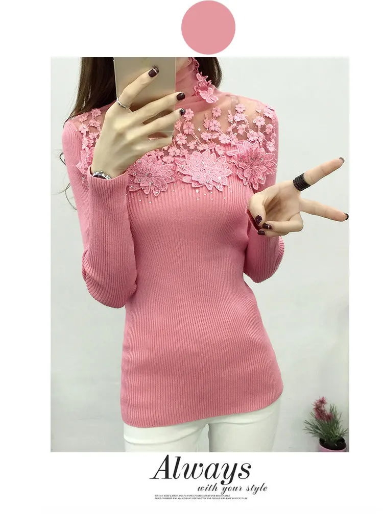 Autumn Winter Sweater Women 2019 Flower Lace Jumper Pull Femm Pink Knitted Sweater Casual Turtleneck Long Sleeve Sueter Mujer (4)