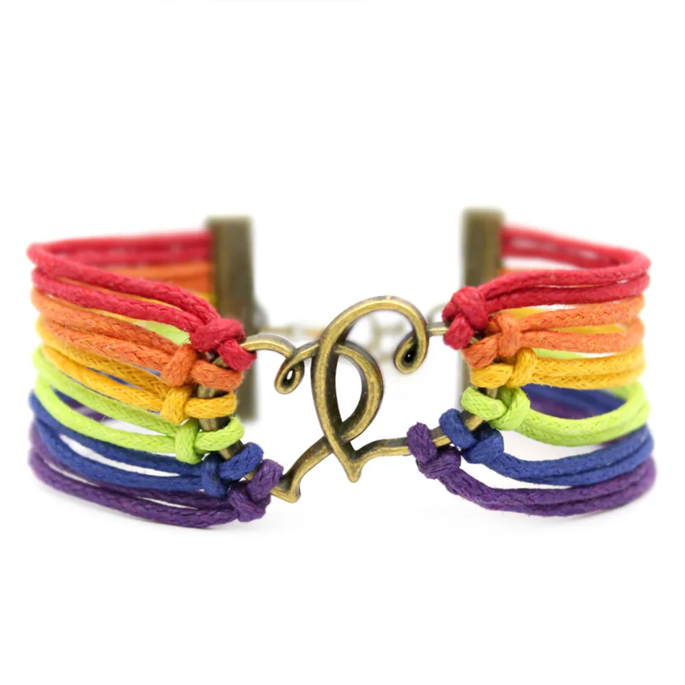 Handmade LGBT Heart Charm Braided Bracelet Rainbow Gay Pride Bracelet