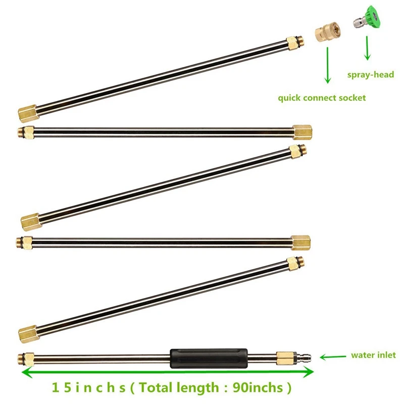 6 шт из нержавеющей стали удлинительная палочка для мойки давления, 7,5-сменные ножки, 1/4 дюйма быстрое соединение, 90 дюймов в общей сложности, 4