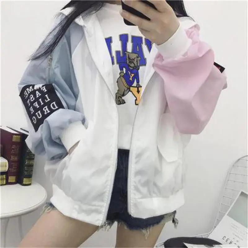amazing  Spring Autumn Women Contrast Short Jacket Long Sleeve Zipper Letter Jacket Korean Loose Patch Femal