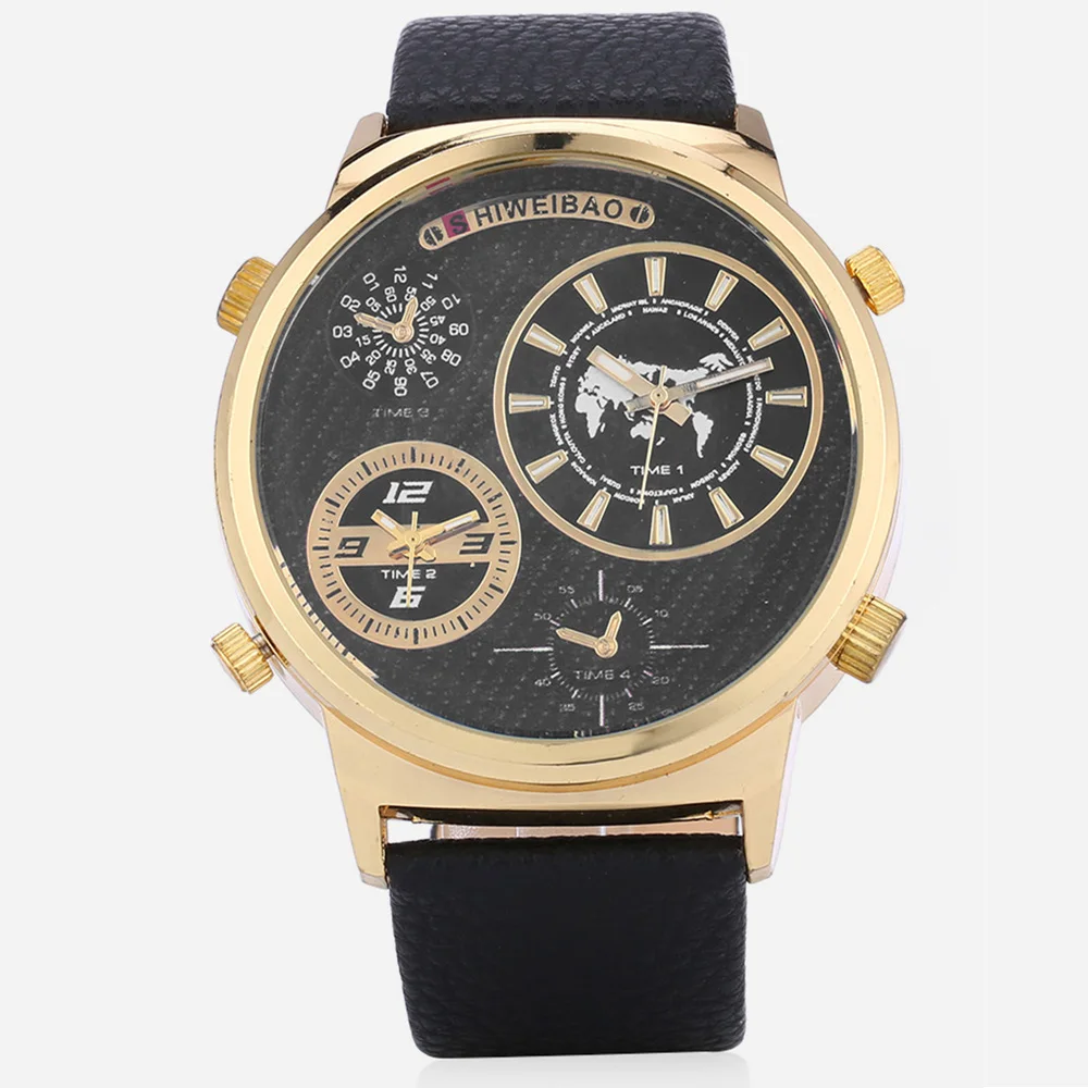 cool big golden case watch for men dual time zones military mens wrist watches quartz sports watches free shipping dz (3)