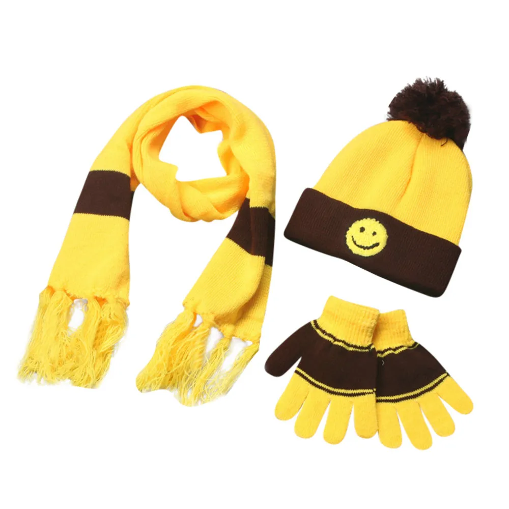 3 комплекта, зимний шарф со смайликом для мальчиков и девочек, Теплые Шарфы шапки, перчатки для малышей, дропшиппинг# P