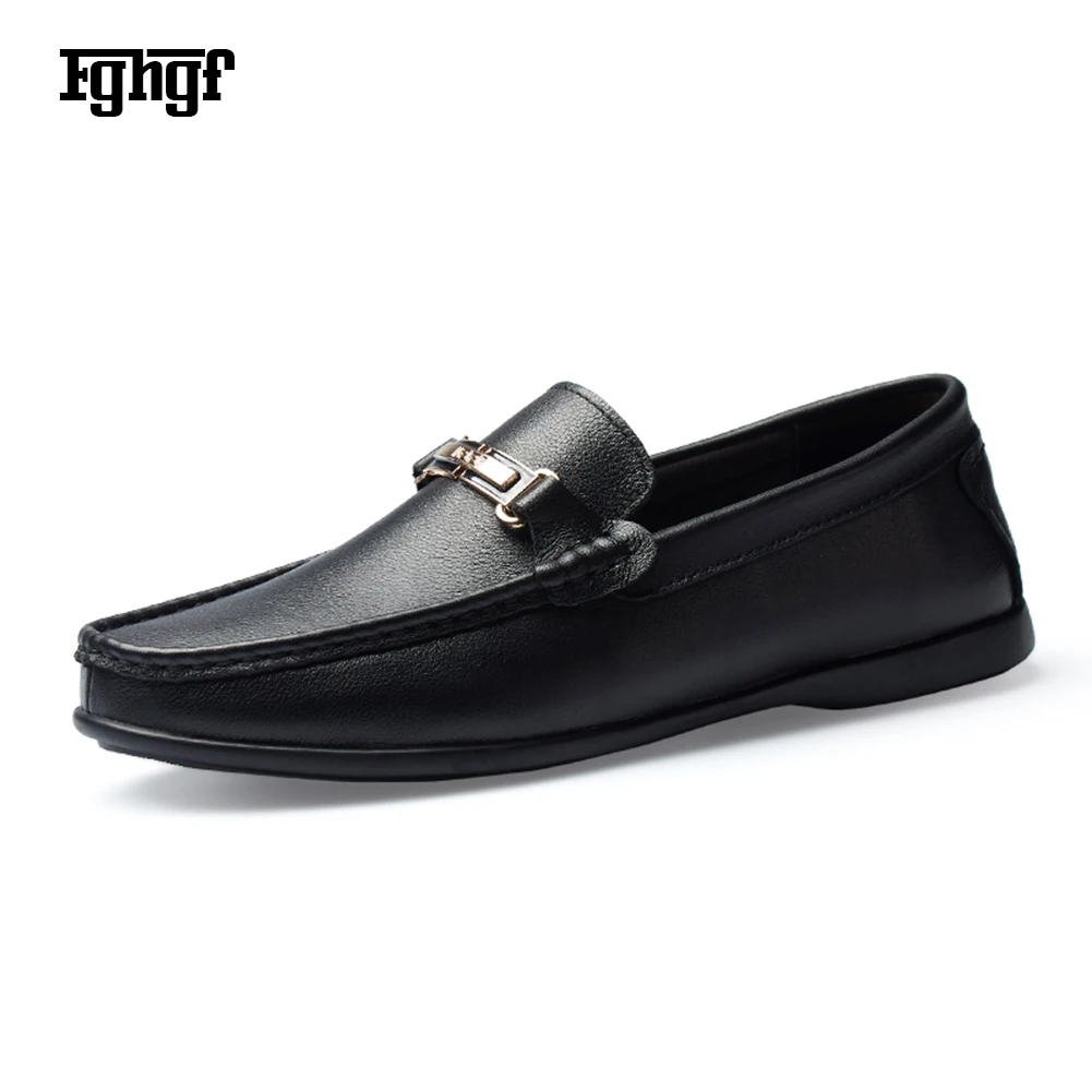 

Genuine Cowhide Leather Men's Loafer Shoes Rubber Sole Slip on Metal-Chain EU38-45 Plus Size Quality Design Durable Casual Shoes