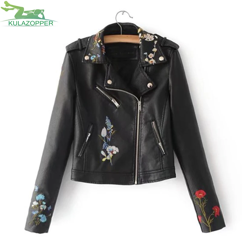 

Embroidery Faux Leather Coat Motorcycle Zipper Black PU Leather Jacket Women Fashion Cool Floral Outerwear Winter Jacket ZS198
