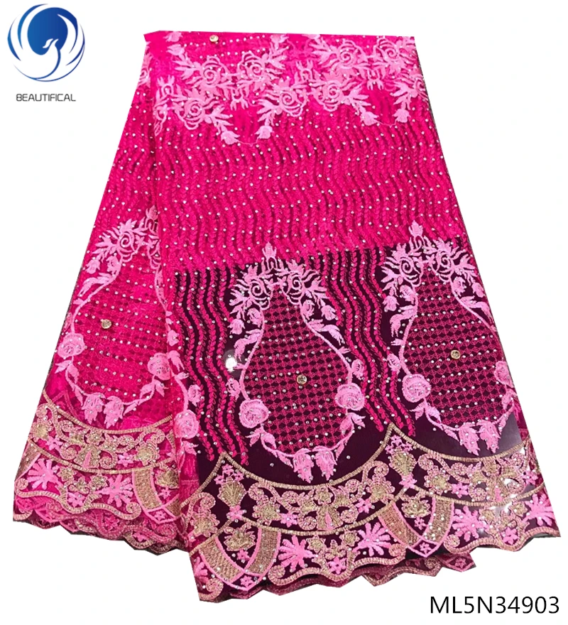 

BEAUTIFICAL pink lace fabric african laces 2019 high quality french lace fabric with rhinestones flower 5 yards/lot ML5N349