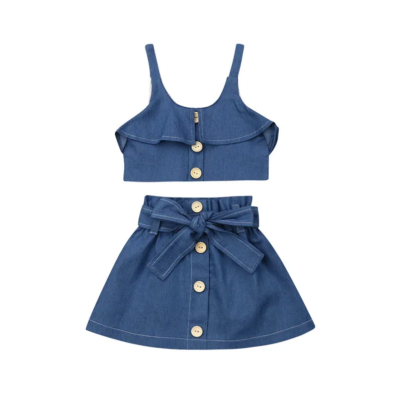 Toddler Baby Girls Clothes Set 2019 Summer Kids Denim Outfit Button Tank Top+Skirt or Shorts 2pcs Children Clothing 1-6T |