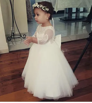 

Princess Ball Gown Flower Girl Dresses Long Sleeve Floor Length Puffy Tulle White Lace Kids Baby Girl Birthday Dress Custom Made