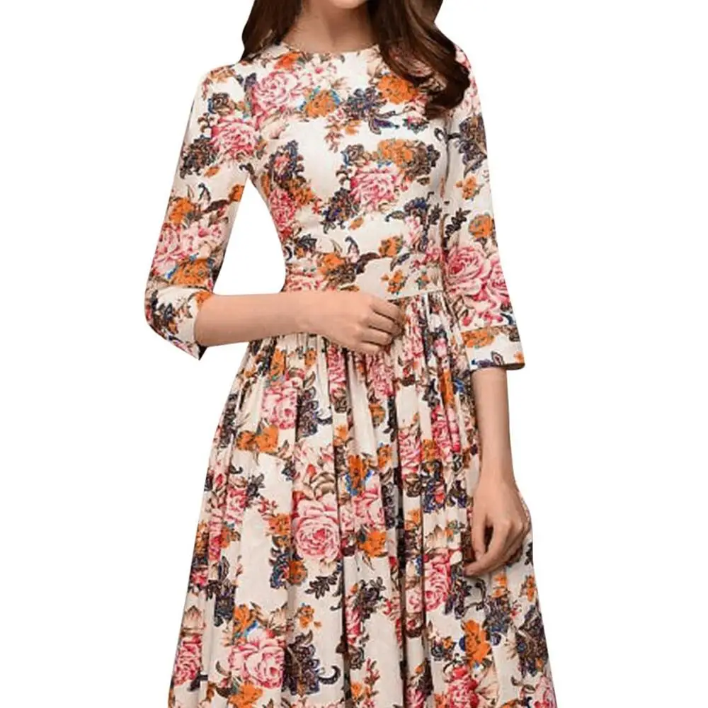 

Hot Sale Womens Floral Print Thin Vintage Casual Work Office A Line Knee Length Dress Vestidos De Fiesta Robe Femme Beach Style