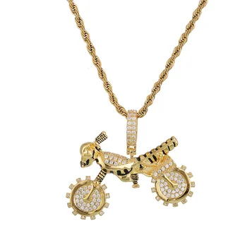 

Hip Hop CZ Zircon Stone Paved Bling Ice Out Ghost Rider Skeleton Skull Motorcycle Pendants Necklace for Men Rapper Jewelry