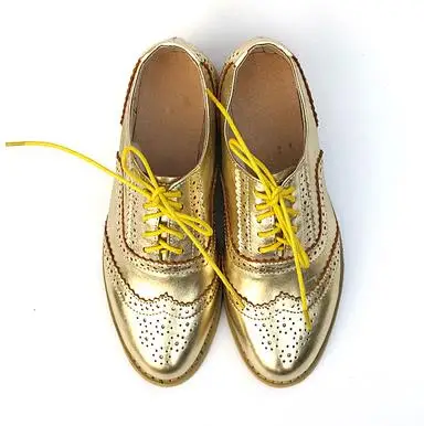 Винтажные Туфли-оксфорды в британском стиле; женская обувь с перфорацией типа «броги» из натуральной кожи; цвет розовый, синий; разноцветные женские туфли на плоской подошве - Цвет: golden