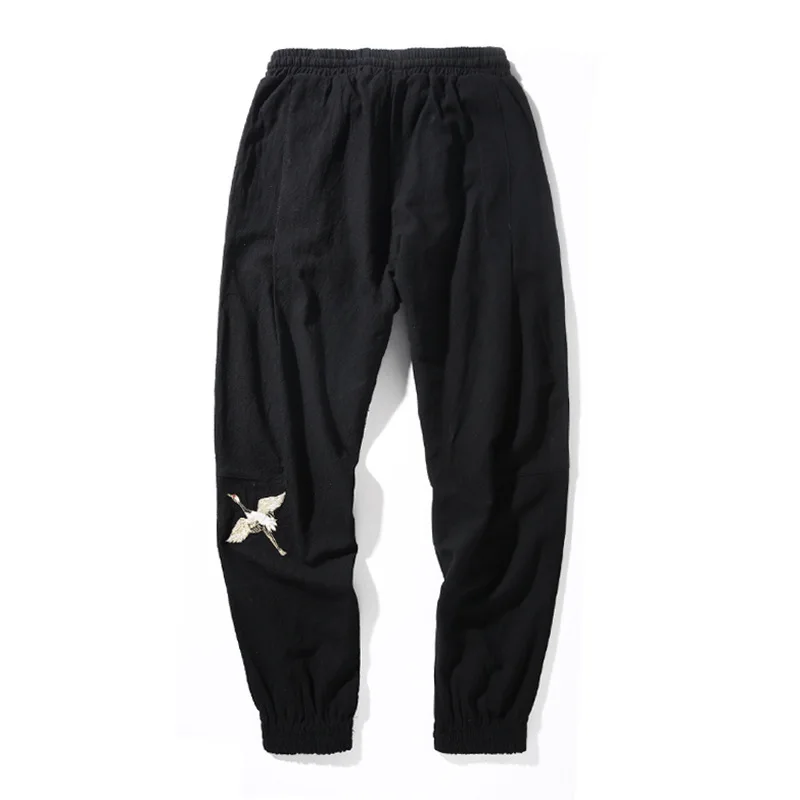 Chinese style embroidery feet pants men cotton and linen loose casual pants autumn retro crane embroidery bouquet foot pants Chinese style embroidery feet pants men cotton and linen loose casual pants autumn retro crane embroidery bouquet foot pants