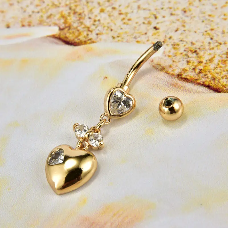 Hot Statement Hollow Double Heart Gold Surgical Steel Piercing Body Jewelry Sexy Crystal Zircon Pendant Belly Button Rings