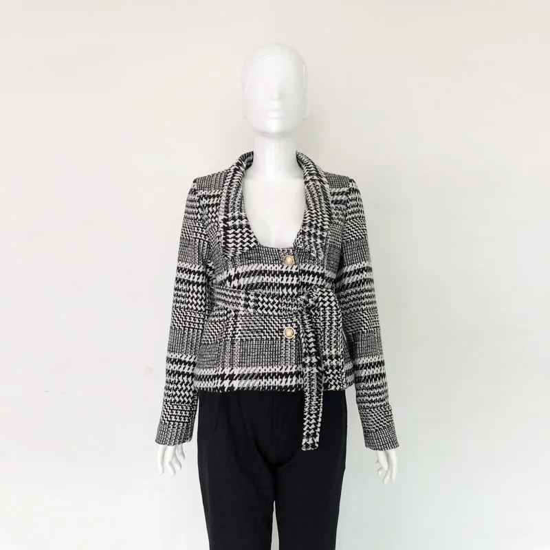 Blazer feminino 2018 New Gray plaid Double-breasted Office lady Blazer Spring Autumn Long sleeve Elegant blazer mujer With belt Blazer feminino 2018 New Gray plaid Double-breasted Office lady Blazer Spring Autumn Long sleeve Elegant blazer mujer With belt