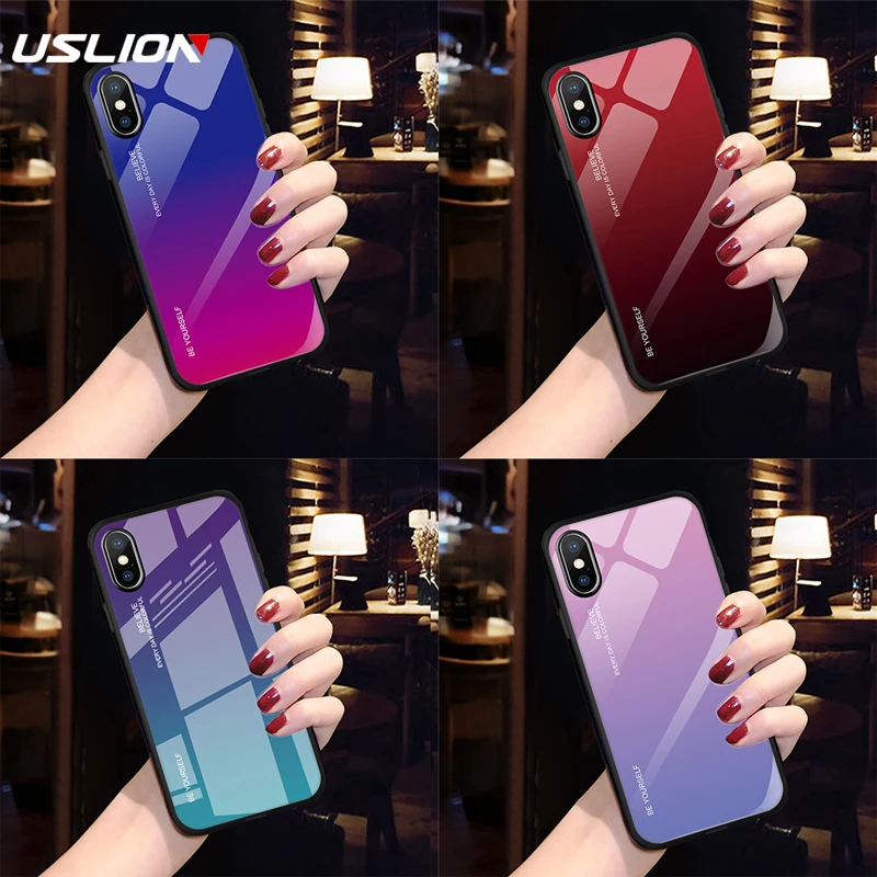 

USLION Luxury Tempered Glass Gradient Cover For Iphone 6 6S Plus 7 8 Plus For iphone X XR XS MAX Hard Shockproof Phone Case