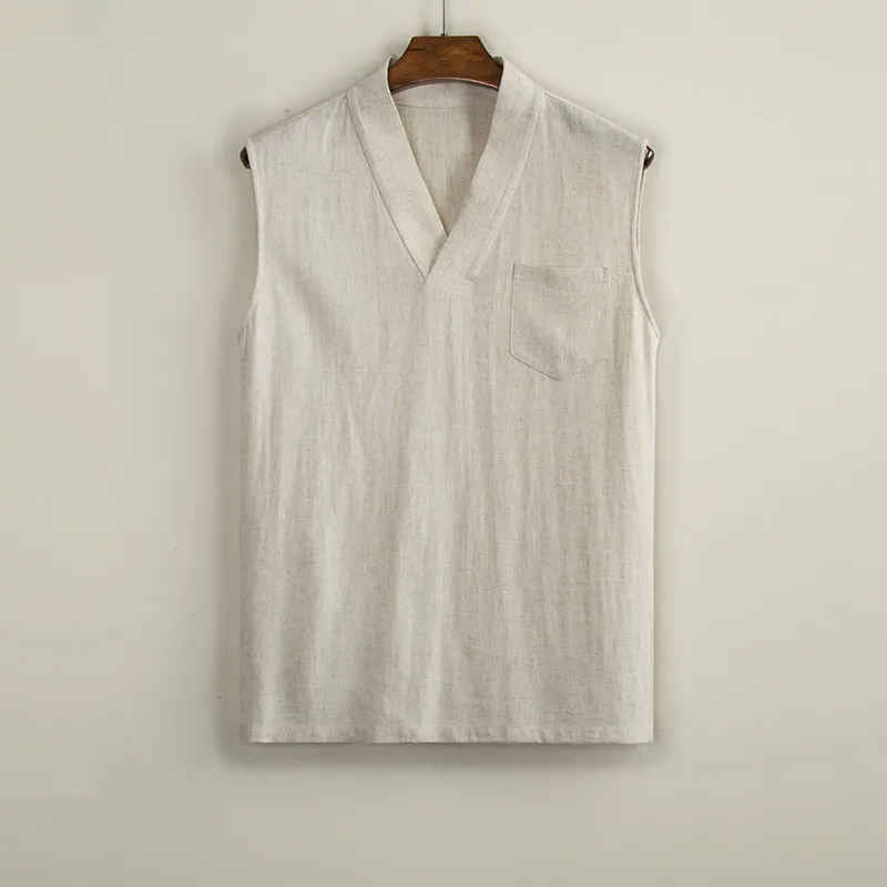 

SHNABAO original Chinese style fashion V-neck sleeveless solid color linen T-shirt 2019 summer new brand big size men's T-shirt