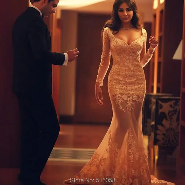 Buy Sheer Lace Long Sleeves Champagne Mermaid Prom