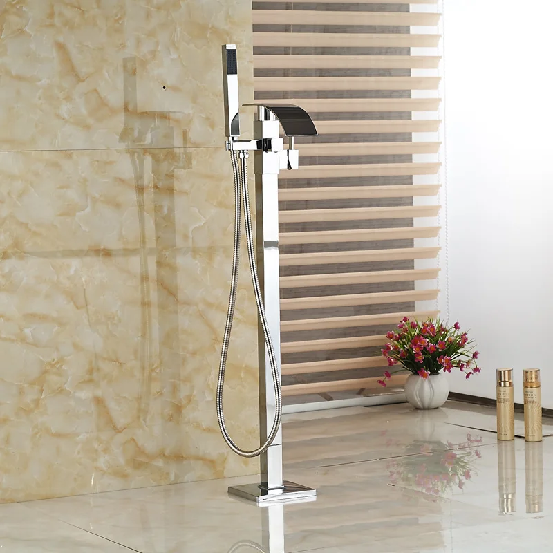 Hot new Floor Mounted Waterfall Bathtub Faucet with Hand shower Tub Mixer Tap Free Standing