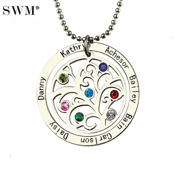 

Women Silver Necklace Custom Name Engraved Stone Necklaces Vintage Jewelry Chain Family Tree of Life Pendant Gift for Grandma