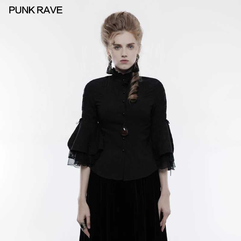 

Punk Rave Casual Fashion Gothic Black Women Shirt Top Victorian Cropped Sleeves WY859