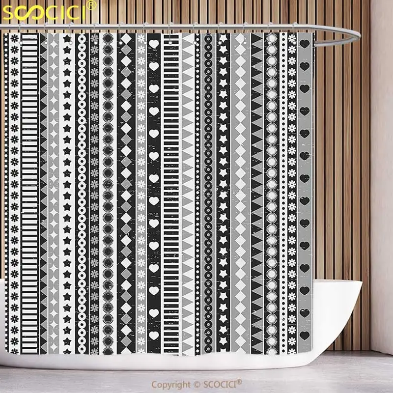 226 50 De Réductionrideau De Douche Décoratif Ruban Rétro Comme Des Rayures Avec étoiles Fleurs Et Cœurs Motif Géométrique Imprimé Noir Gris Et
